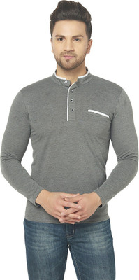Tresna Trending Solid Men Mandarin Collar Grey T-Shirt