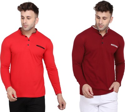 Money Leaf Solid Men Mandarin Collar Red, Maroon T-Shirt