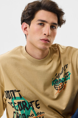 Snitch Graphic Print Men Crew Neck Beige T-Shirt