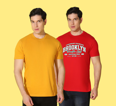 WOOSTRO Printed, Solid Men Round Neck Yellow, Red T-Shirt