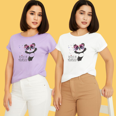 Kintu Parantu Printed Women Round Neck Purple, White T-Shirt