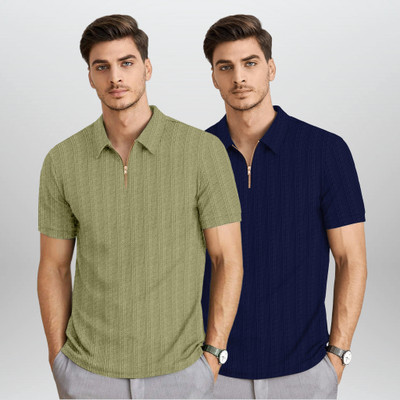 BROWEARS Self Design Men Zip Neck Green, Blue T-Shirt