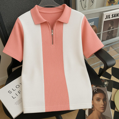 Try This Colorblock Men Zip Neck Pink, White T-Shirt