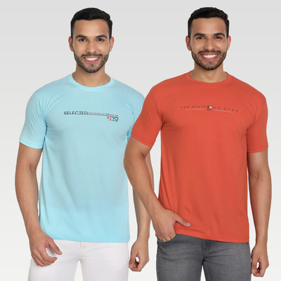 Zeffit Printed Men Round Neck Blue, Brown T-Shirt