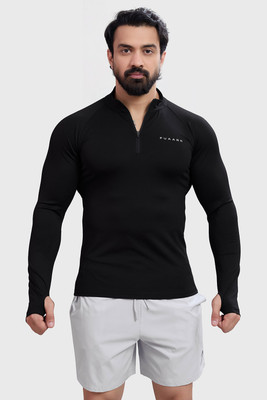 FuaarK Solid Men Zip Neck Black T-Shirt