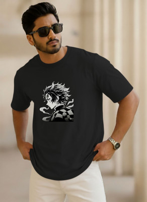 SINNER STREET Printed, Self Design Men Round Neck Black T-Shirt