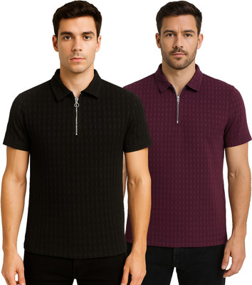YUALIN CREATION Self Design Men Polo Neck Black, Maroon T-Shirt