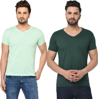 Tresna Fab Solid Men V Neck Light Green, Dark Green T-Shirt