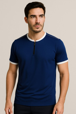 Clickwell Trend Colorblock Men Henley Neck Navy Blue T-Shirt