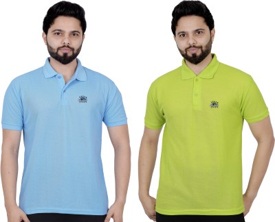 La Milano Self Design Men Polo Neck Light Green, Blue T-Shirt