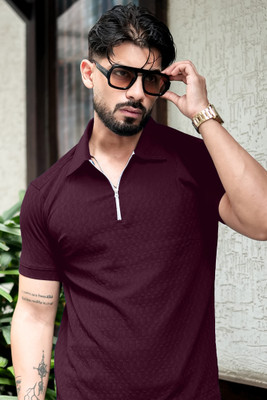 Manlino Self Design Men Zip Neck Maroon T-Shirt