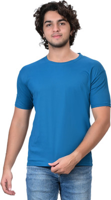 FASHIONSRENU Solid Men Round Neck Blue T-Shirt
