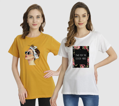 CHOZI Printed Women Round Neck Yellow, White T-Shirt