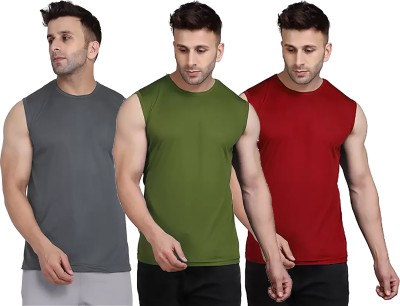 Renowned Solid Men Round Neck Grey, Dark Green, Maroon T-Shirt