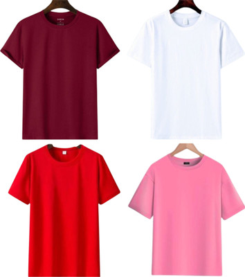 lalita creation Solid Men Round Neck Maroon, White, Red, Pink T-Shirt