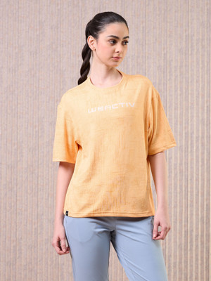 TECHNOSPORT Self Design Women Round Neck Orange T-Shirt