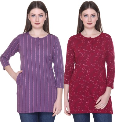 Star Touch Printed Women Round Neck Maroon, Purple T-Shirt