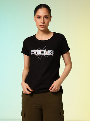 HRX by Hrithik Roshan Typography Women Round Neck Black T-Shirt