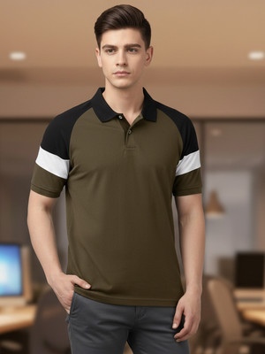 JUST ROAR Colorblock Men Polo Neck Green T-Shirt