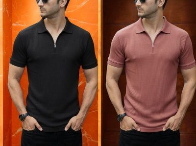 DSV Self Design Men Zip Neck Black, Pink T-Shirt