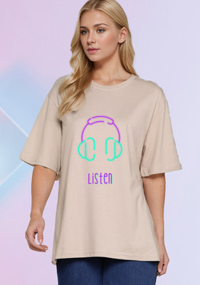 SLENOR Graphic Print Women Round Neck Beige T-Shirt