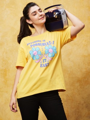 Globus Printed Women Round Neck Yellow T-Shirt