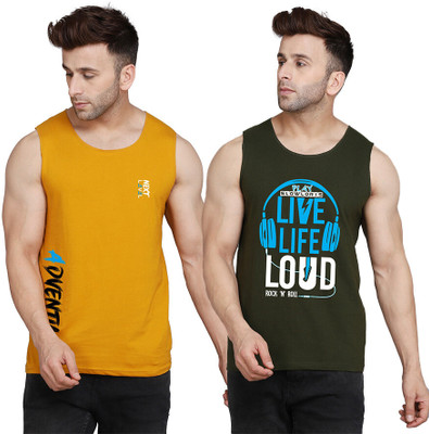 SLOWLORIS Printed, Colorblock Men Round Neck Dark Green, Yellow, White T-Shirt