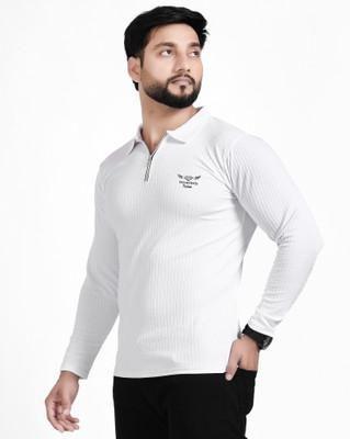 Diamond Fashion Solid Men Zip Neck White T-Shirt