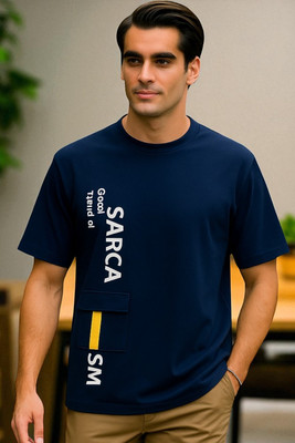 FAOES Printed Men Round Neck Navy Blue T-Shirt