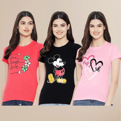 METRONAUT Printed Women Round Neck Black, Pink, Orange T-Shirt