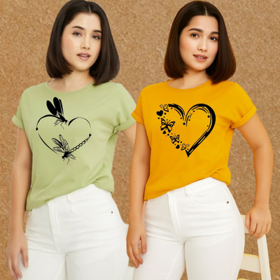 Kasendra Graphic Print Women Round Neck Green, Yellow T-Shirt