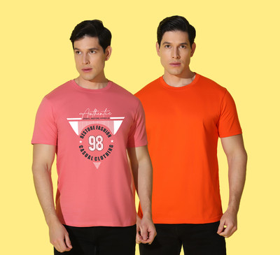 WOOSTRO Printed, Solid Men Round Neck Pink, Orange T-Shirt