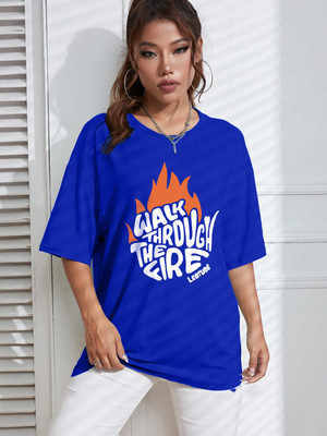 JUST ROAR Printed Women Round Neck Blue T-Shirt