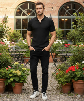 The Stanch Self Design Men Polo Neck Black T-Shirt
