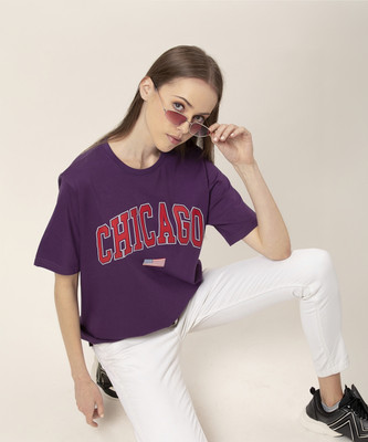 Lounge Dreams Printed, Typography Women Round Neck Purple T-Shirt