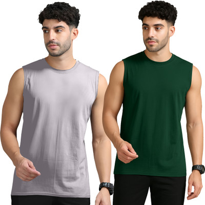 Jangoboy Solid Men Round Neck Grey, Dark Green T-Shirt
