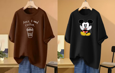 RAPTUROUS Printed Women Round Neck Brown, Black T-Shirt