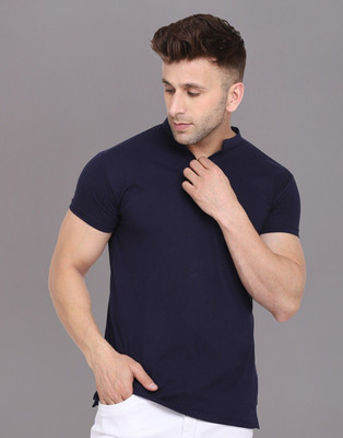 GEUM Solid Men Mandarin Collar Dark Blue T-Shirt