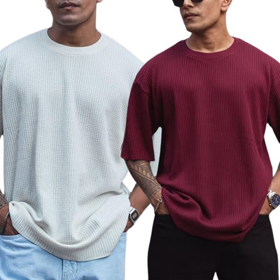 Ppenterises Solid Men Round Neck White, Maroon T-Shirt