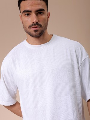 The Indian Garage Co. Self Design Men Crew Neck White T-Shirt