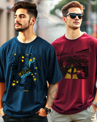 ENITOR Printed Men Round Neck Dark Blue, Maroon T-Shirt