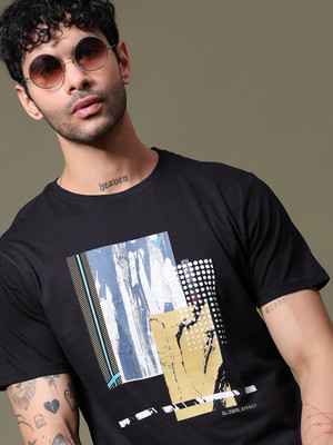 V-MART Printed Men Round Neck Black T-Shirt