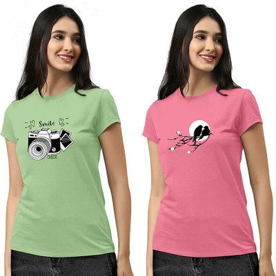 ZentWorld Printed Women Round Neck Light Green, Pink T-Shirt