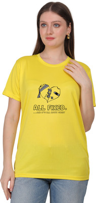 Booostam products Typography Women Round Neck Yellow T-Shirt