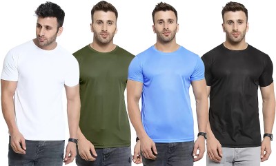 Think Tech Solid Men Round Neck White, Dark Green, Light Blue, Black T-Shirt