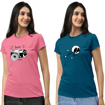 ZentWorld Printed Women Round Neck Pink, Dark Blue T-Shirt