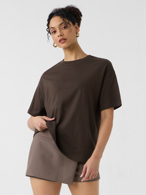 The Souled Store Solid Women Round Neck Brown T-Shirt
