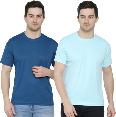 YUALIN CREATION Solid Men Round Neck Light Blue T-Shirt