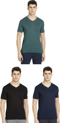 JOCKEY Solid Men V Neck Black, Dark Blue, Green T-Shirt