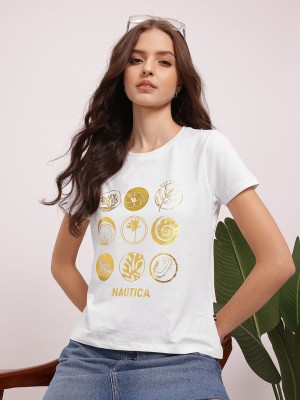 NAUTICA Printed Women Round Neck White T-Shirt